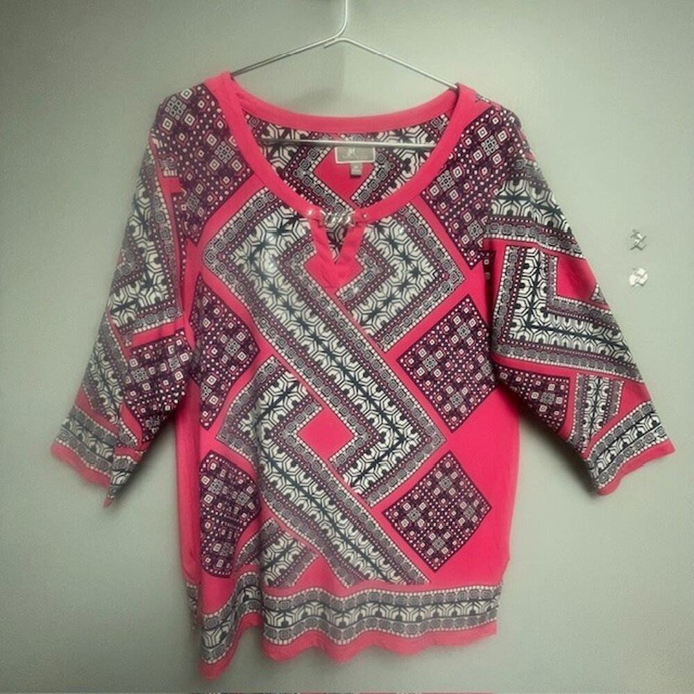 JM Collection Pink Black White 3/4 Sleeve Studded Tunic - Women's Size 2X
